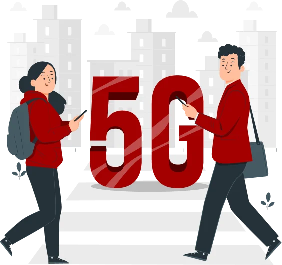 Illustration of two people wearing backpacks and red jackets, walking in opposite directions, using their smartphones. They are in front of a large red "5G" structure with a cityscape in the background, highlighting seamless streaming and encouraging users to compare providers for the best 5G home internet options.