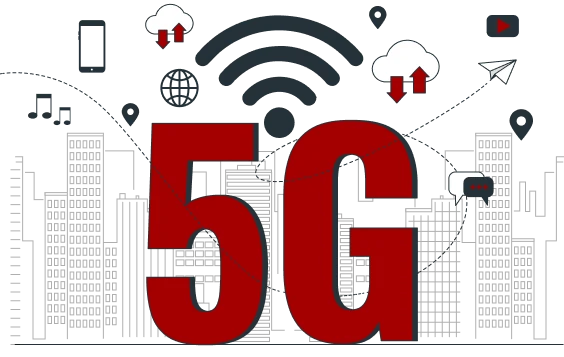 An illustration featuring a large "5G" in red with icons representing technology around it, such as a smartphone, cloud upload/download symbols, a Wi-Fi signal, a paper airplane, and a play button, signifying connectivity and advanced communication technology for seamless streaming through 5G home internet.