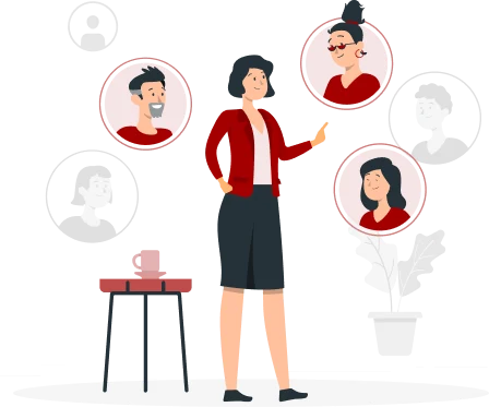 Illustration of a person standing with one hand on their hip and the other pointing to circular portraits of three different people. They appear to be conversing or networking, perhaps discussing services from TVBroadbandNow. There is a small table and a plant in the background.