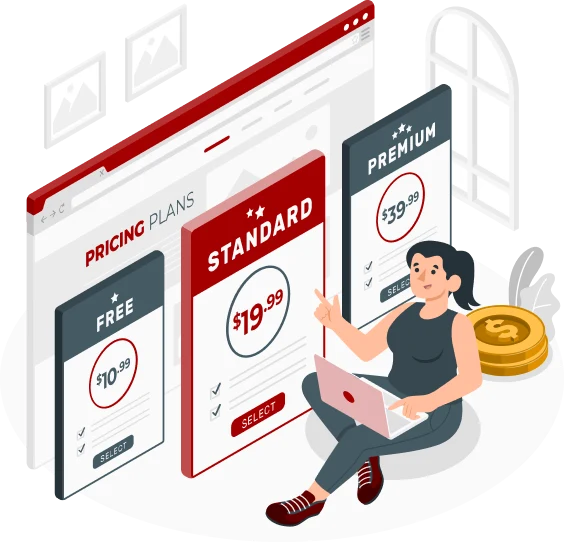 Illustration of a person sitting on the floor with a laptop, in front of three pricing plans: "Free" (0.00), "Standard" (19.99), and "Premium" (39.99). Each plan has a "Select" button at the bottom. A stack of gold coins is in the background, emphasizing that better connectivity can lead to greater entertainment options.