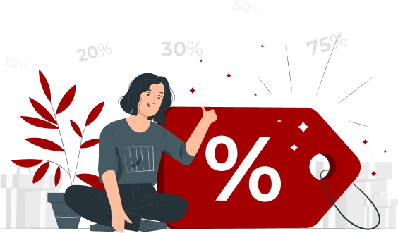 Illustration of a person with dark hair sitting on the floor, giving a thumbs-up. Next to them is a large red price tag with a white percentage symbol on it. In the background, there are abstract shapes and red accents, highlighting TVBroadbandNow's unbeatable cable and internet bundles for ultimate entertainment and connectivity.