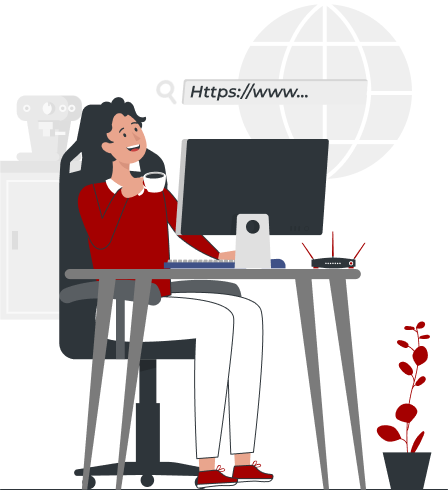 A person sits at a desk with a computer monitor, holding a cup. Above the monitor is a search bar displaying "Https://www...". In the background is a globe and a robot, while a small plant decorates the floor beside the desk, highlighting their reliance on TVBroadbandNow's reliable internet.
