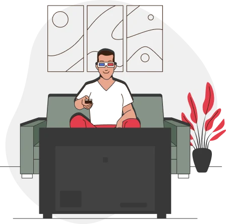 A person wearing 3D glasses is sitting on a couch holding a remote control, facing a flat-screen television provided by a reliable cable TV service provider. There is abstract art on the wall behind the couch and a red plant to the side. The person appears to be relaxed and enjoying entertainment.
