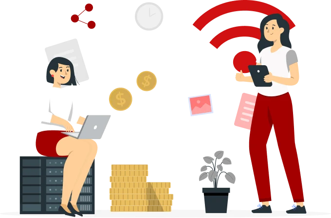 An illustration of two people interacting with technology. One is seated and using a laptop, while the other stands, holding a tablet with a Wi-Fi symbol above their head. Coins, documents, and data symbols surround them, emphasizing digital communication and finance powered by high-speed internet.