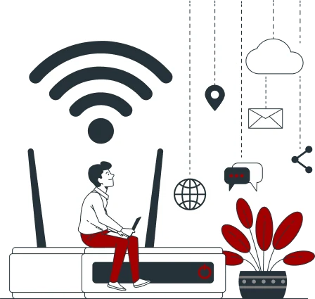 A person sits on a large Wi-Fi router with a laptop, illustrating high-speed internet connectivity. Above are icons of Wi-Fi signal, cloud, location pin, email, globe, and chat bubble. A potted plant is placed on the right side of the router.