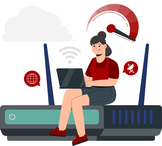 Illustration of a person sitting on a large router, using a laptop. Icons around them represent internet connectivity, including a cloud, wireless signal, globe, and satellite dish. Smiling, the person enjoys high-speed internet from TVBroadbandNow for a seamless online experience.