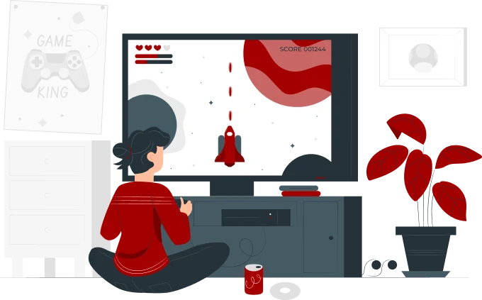 A person with short hair, wearing a red sweater, sits on the floor in front of a TV, playing a space-themed video game with low latency. The room has a plant, a dresser with a "GAME KING" poster above it, and a framed picture on the wall. A soda can is on the floor.