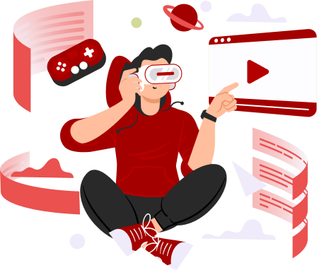 Illustration of a person wearing a virtual reality headset, sitting cross-legged. They are pointing at a large play button on a screen. Surrounding the person are floating objects like a game controller, planet, and abstract shapes, all in red tones—ideal for showcasing low latency from top gaming internet providers.