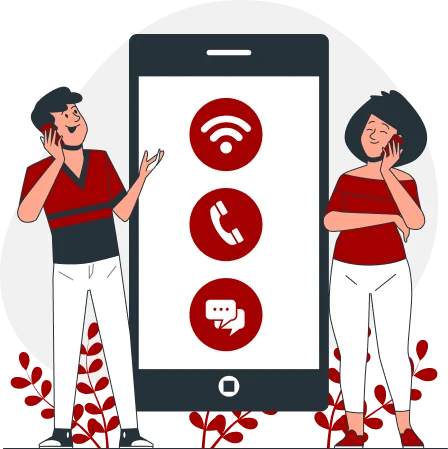 Illustration of two people talking on mobile phones, standing beside a large smartphone with icons for Wi-Fi, a phone, and chat messages displayed on its screen. Both characters wear red shirts and white pants. Red plants decorate the scene, highlighting the best deals in affordable home phone service.