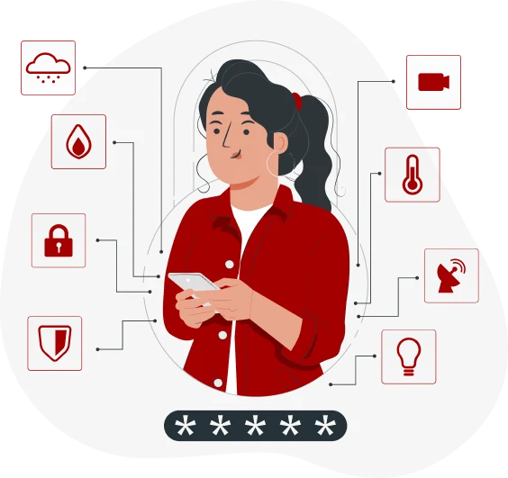 Illustration of a woman holding a smartphone, surrounded by various icons such as weather, video camera, drop of water, thermometer, satellite, light bulb, shield, and lock. All elements are connected to her and suggest control or monitoring via the smartphone for enhanced home security.