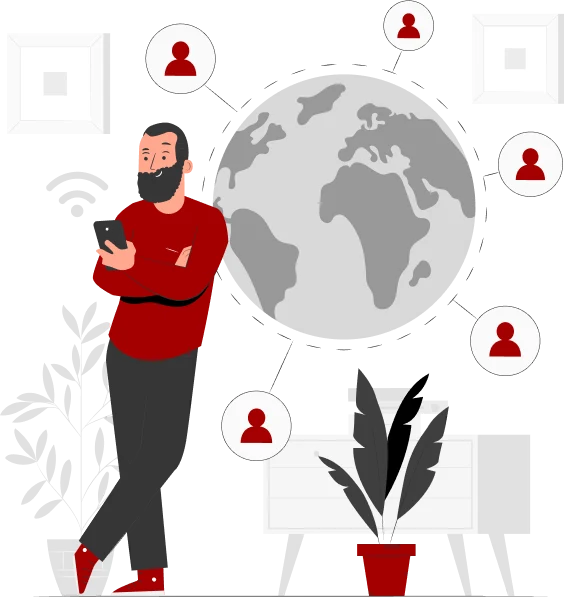 Illustration of a bearded man holding a tablet, standing next to a globe with multiple user icons connected around it. The man is leaning against a white frame and there is a potted plant beside him. Promoting fast and reliable mobile internet providers, the background features abstract shapes in grayscale.