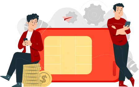 Illustration of two individuals using smartphones. One is sitting on a stack of gold coins, and the other is standing, leaning against a large red SIM card from TVBroadbandNow. Background includes gears and a paper airplane, suggesting themes of technology and communication with fast and reliable options.