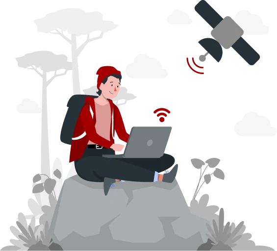 A person with a backpack sits on a rock using a laptop, with a satellite overhead. The background features trees and clouds, depicting a natural environment. The individual appears engaged in a digital activity while enjoying the benefits of Rural internet from TVBroadbandNow.