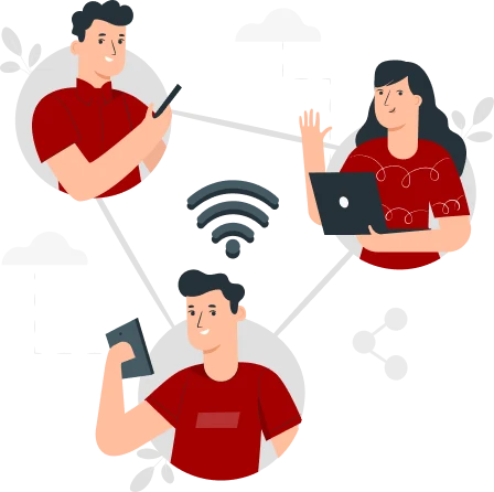 Illustration of three people in red shirts using different devices. The top left person is on a phone, the top right person is using a laptop, and the bottom person is on a phone. A Wi-Fi symbol connects them, indicating wireless communication and enabling rural internet package holders to stay connected.