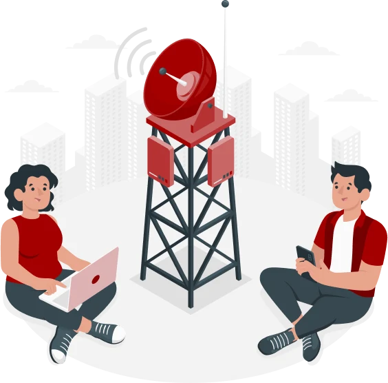 Illustration of two people sitting on the ground near a large communication tower with a red satellite dish. One person is using a laptop while the other uses a smartphone, showcasing TVBroadbandNow's affordable satellite internet. The background features skyline buildings in grayscale.