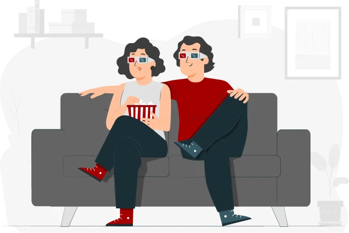 An illustration of a couple sitting on a grey couch in a living room. They are wearing 3D glasses and appear to be watching a movie on their affordable satellite TV. The person on the left is holding a box of popcorn. The background includes a few abstract wall decorations.