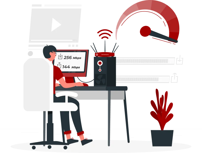 A person is seated at a desk, using a computer. The screen shows lightning-fast speeds of 256 Mbps and 144 Mbps. A Wi-Fi router and an indicator showing fiber internet speed are on the desk. A plant is on the floor beside the desk.