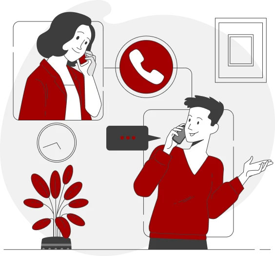 Illustration of a man and a woman discussing budget-friendly home phone options on their cellphones. The man, on the right, has a speech bubble, while the woman is in a smaller window at the top left. A large red phone icon is between them. A clock and a plant are in the background.