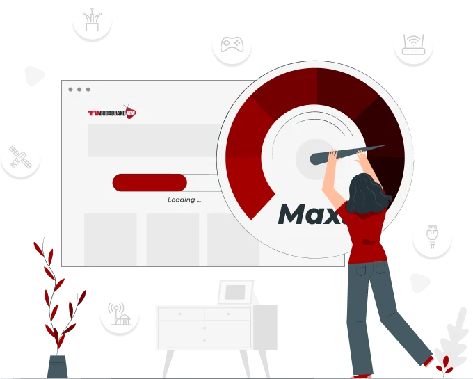 Illustration of a person adjusting a large gauge marked "Max" on a computer screen that shows a "Loading..." bar. Various icons around the image represent internet-related elements, and in the room are a standing plant and a side table with drawers. Icons hint at using TVBroadbandNow to compare plans from top-rated internet providers.