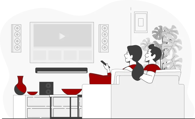 Illustration of a couple sitting on a couch, with the person on the right holding a remote control, watching TV in a modern living room. The room features affordable cable TV, speakers, a plant, and decorative items in red and black hues.